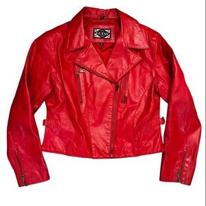 Y2K GUESS  Cherry Red Leather Crop Motto Jacket Large Vintage Biker Punk Lolita